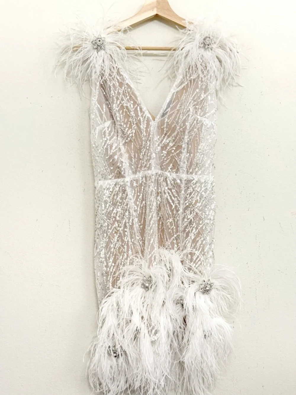 NADINE MERABI  Mila White Feather Sequin Ivory Mini Dress with Nude Slip Sz S - Picture 13 of 17